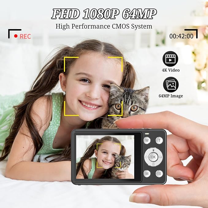 Forc Digital Camera, FHD 4K 64MP Point and Shoot Kids Digital Cameras