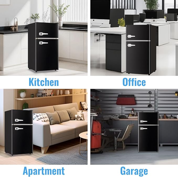 3.5 Cu.Ft Retro Mini Fridge with Handle Compact Refrigerator Black | Dual Door Refrigerator with Freezer 7 Gears Temperature Control Ideal for Bedroom Dorm Office
