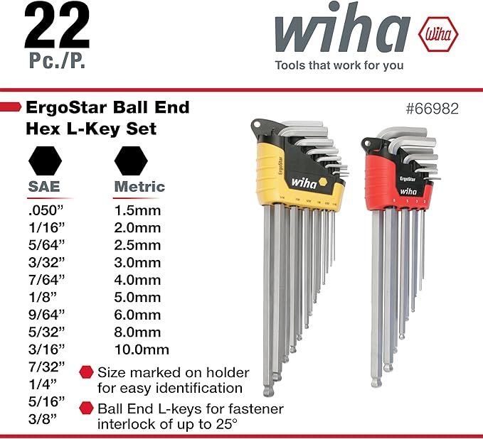 Wiha 66982 ErgoStar Ball End Hex L-Key Set, 22 Piece, Inch & Metric, Chrome Finish, Durable Holder