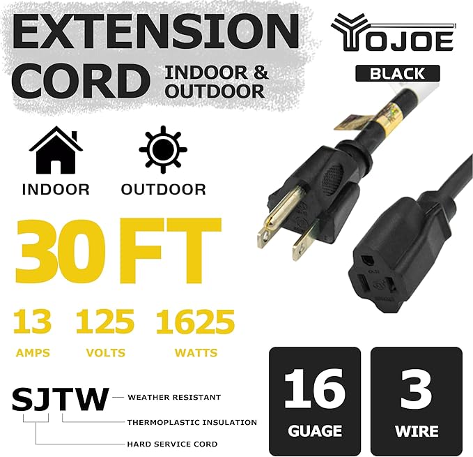 YOJOE Indoor Outdoor Extension Cord, 3 Prong 13A Weatherproof Power Cord, 16 Gauge Heavy Duty 30 ft Black Extension Cord for Garage, Garden and Home, 16/3 SJTW UL Listed