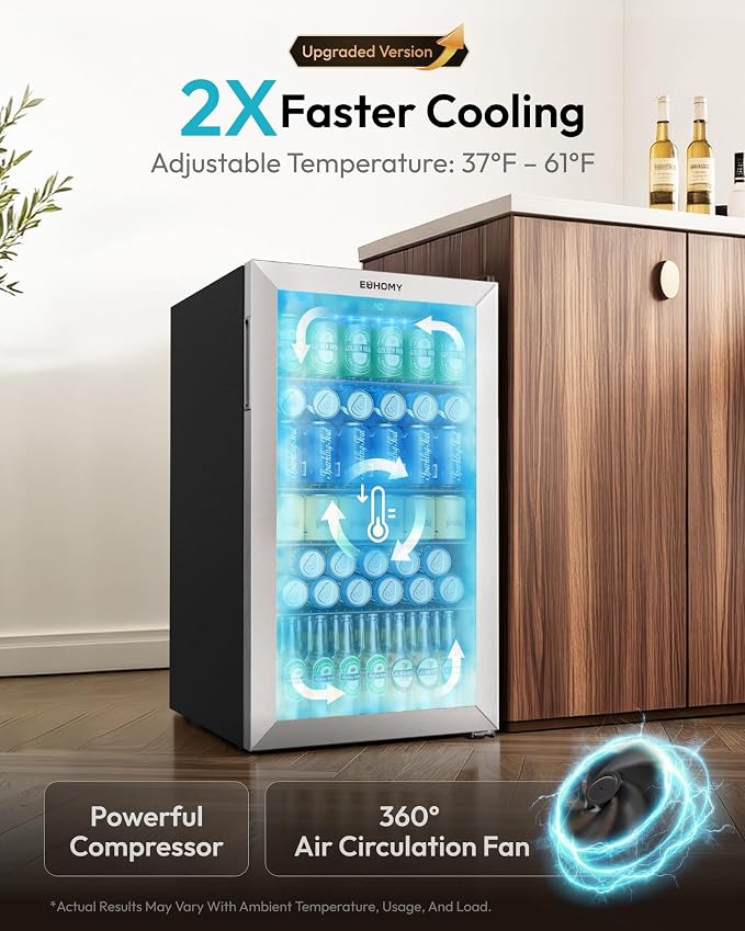 EUHOMY Mini Fridge 130 Can Beverage Refrigerator Cooler Glass Door for Soda Wine Beer, Beverage Cooler for Home, Bar, Office with Digital Temperature Control Removable Shelves, 3.2 Cu.Ft, Silver