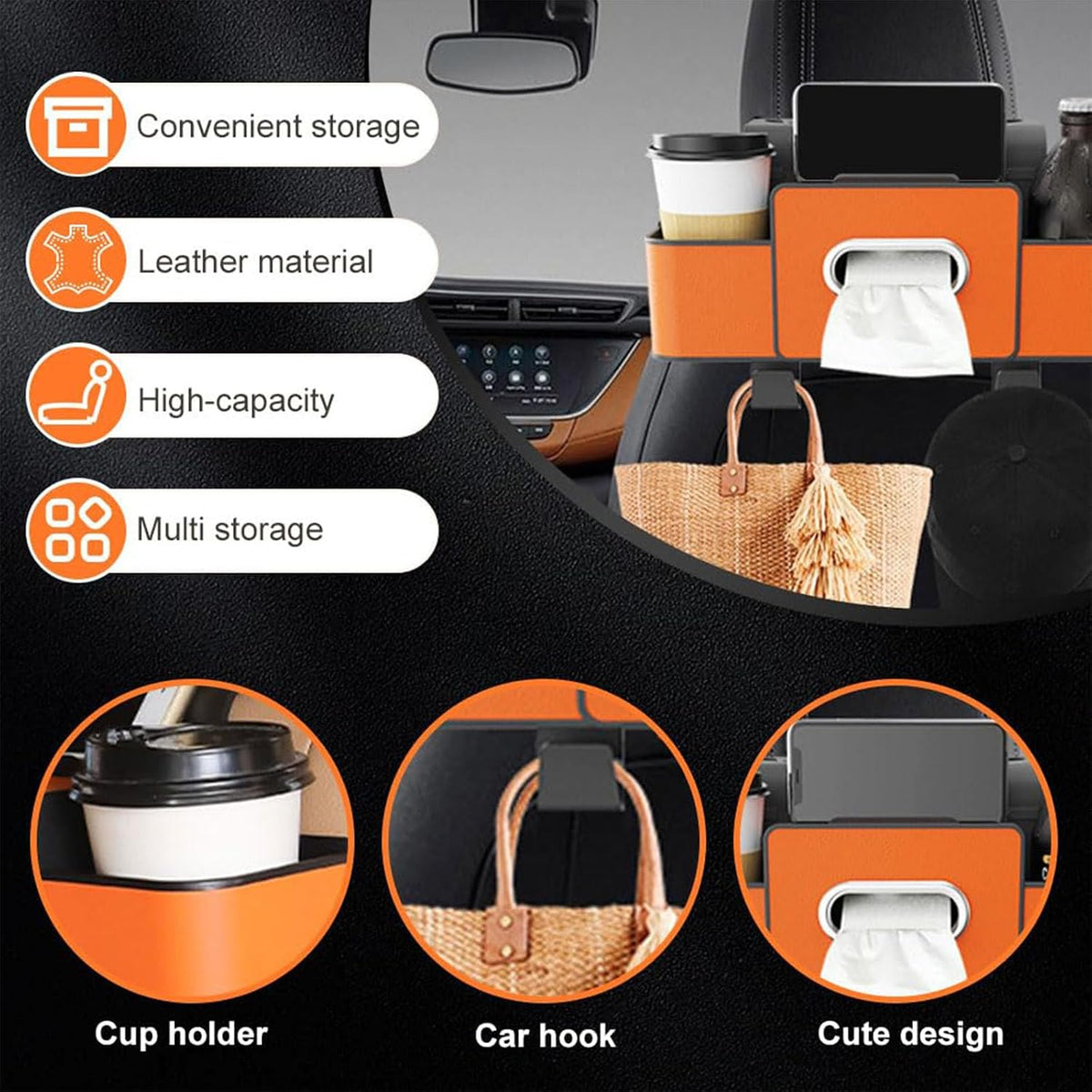 Car Organizer and Storage Box Back Seat, Car Organizer and Storage Box, 3-in-1 Car Seat Back Storage Box, with 2 Cup Holders, Tissue Box and Hooks, Smart Over-Seat CarOrganizer (1, Brown)