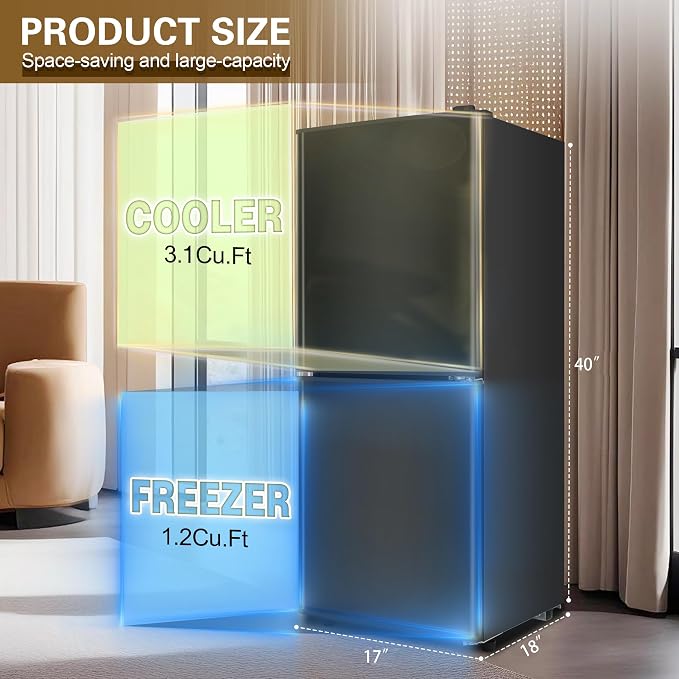Dorm Size Fridge with Freezer 4.3 Cu. Ft., 2-Door Small Refrigerator Black | with Bottom Freezer, 7-Level Thermostat Control, Low Noise Mini Fridge for Apartment, Office, Kitchen