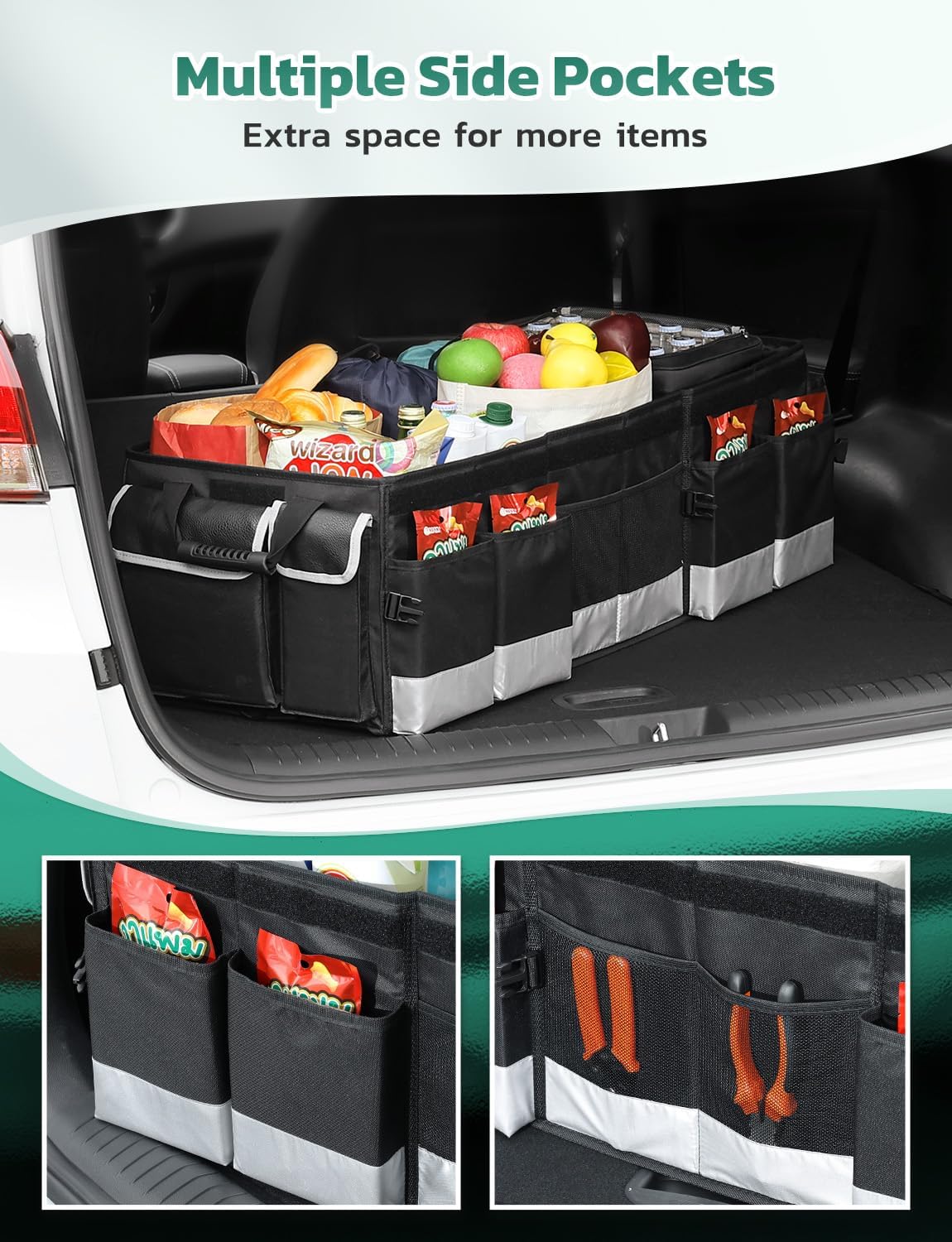 Oasser Trunk Organizer with Cooler Bag 95L, Bearing 110lb No Deformation, Collapsible with Multi Compartments, Removable Insulated Bag, Foldable Lid, Non Slip Bottom, 2 Adjustable Straps (Black&Grey)