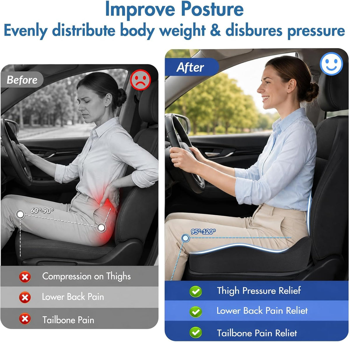 Car Seat Cushion, Ergonomic Memory Foam Car Seat Pad for Sciatica Pain Relief, Larger Driving Seat Cushion for Car Short Drivers on Long Drives - Butt Cushion for Car,Truck, Office - Black