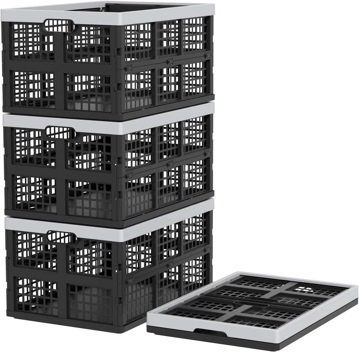 42L Collapsible Milk Crates, 4 Packs Foldable Storage Bins | Heavy-Duty Plastic Stackable Basket Crate, Black Folding Crate for Garage, Car, Pantry Storage