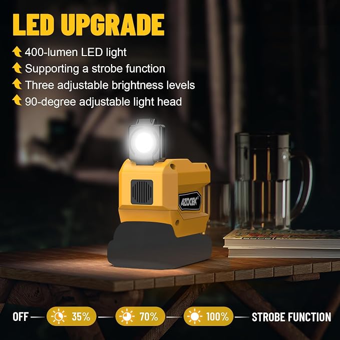 220W Azocek Power Inverter Compatible with Dewalt 20V Battery (Battery not Included), DC 20V to AC 110V, 2 USB Ports & 1 Type-C Fast Charging, 400LM LED Work Light (2-Pack)