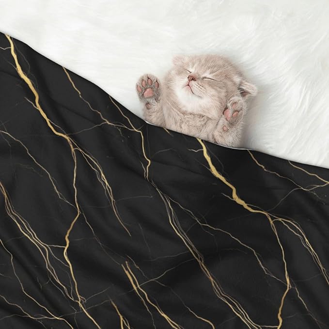Pet Blanket for Couches and Beds, Chic Black and Gold Marble Texture, Reversible Double Sided Plush Design with Soft Bumpy Texture and Smooth Surface, Furniture Protector