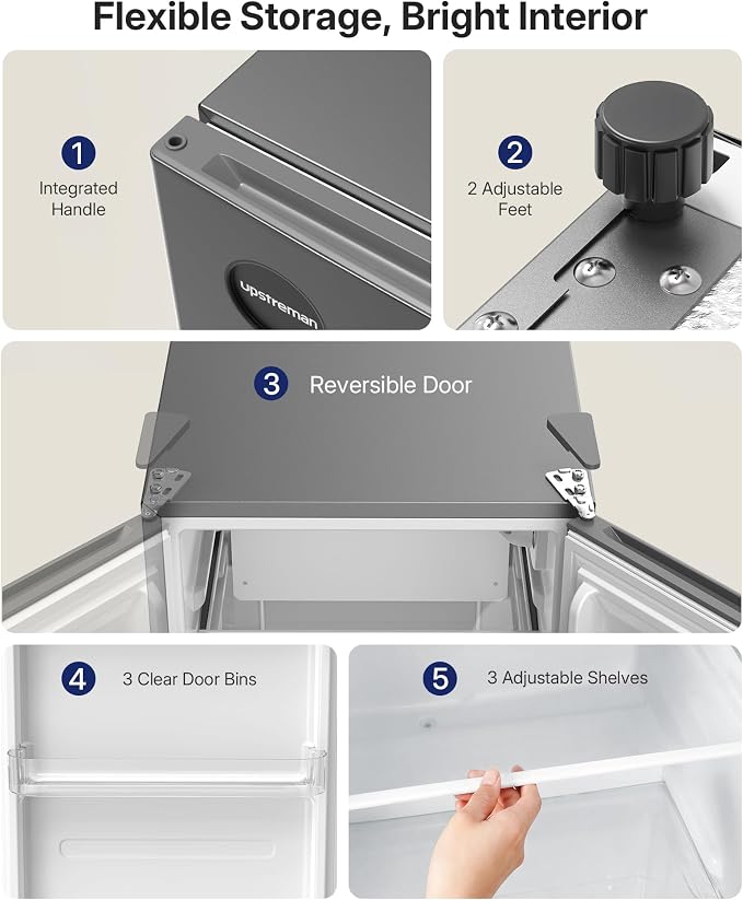 Upstreman 3.2 Cu.Ft All-Refrigerator Mini Fridge, Gray-CR32 | Sleek Gray Finish, 7-Level Thermostat, ENERGY STAR Certified, Reversible Door, Small Fridge for Office, Bedroom or Dorm
