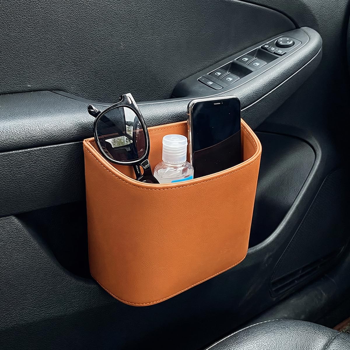 Leather Car Trash Can, Clip on Small Car Garbage Can, Waterproof Leakproof Back Seat Trash Bin, Multifunctional Vehicle Storage Organizer for Trucks, SUVs (Orange)