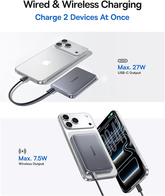 Baseus Picogo Power Bank, 0.5" Ultra Slim 10000mAh MagSafe Portable Charger, 27W Fast Charging Magnetic Battery Pack, Upgraded Polished Alloy Wireless Charger for iPhone 17 Pro Max/Air/16/15/14/13/12