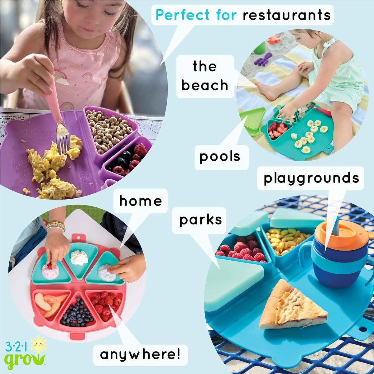 Silicone On-The-Go Snack Mat – Foldable Reusable Placemat with 3 Compartments and Lids – Travel-Friendly Baby and Toddler Snack Plate – Dishwasher Safe (Cotton Candy)