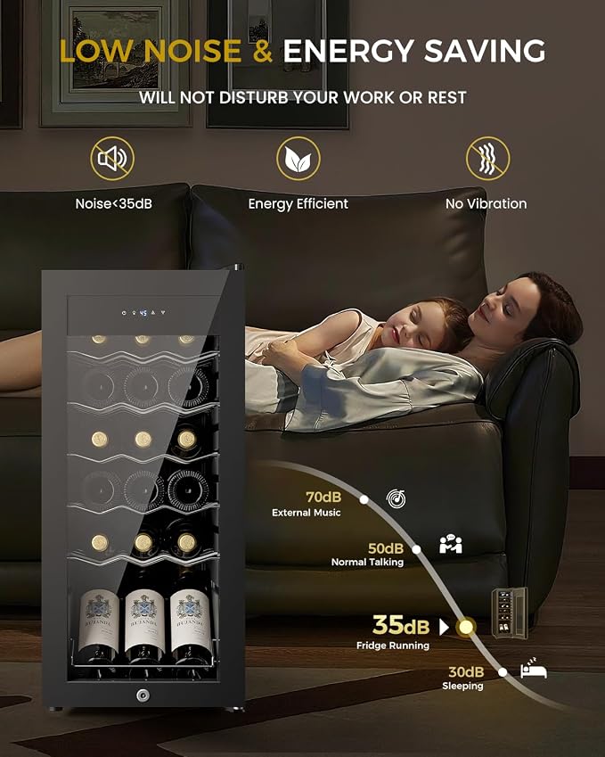 Feelfunn 18 Bottle Wine Cooler Refrigerator - Small Wine Fridge with Glass Door & Digital Temperature Control, Freestanding Wine Refrigerator for Red, White, Champagne or Sparkling Wine, Black