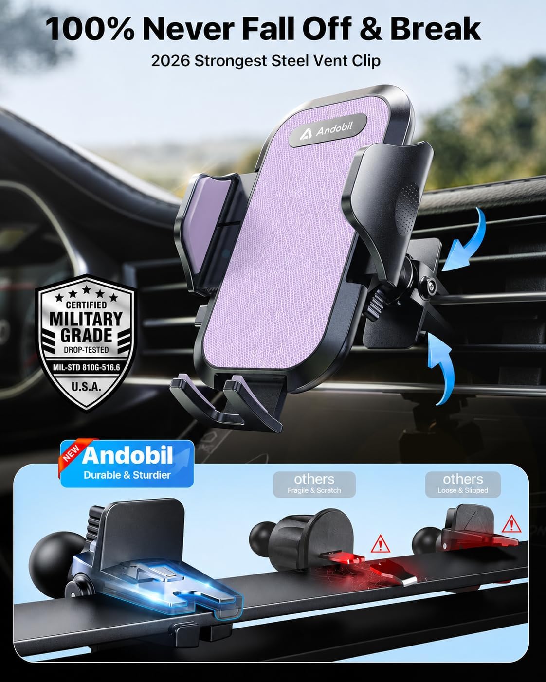 andobil 2026 Upgraded Car Phone Holder Mount, Military-Grade Phone Holders for Your Car Vent Stable Metal Clip Universal 360° Cell Phone Car Mount for iPhone 18 Pro Max 17/16/15/14/13/ Samsung, Purple