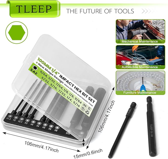 11Pcs 1/4" Allen Wrench Drill Bit Set 5/16"-5/64", 100MM Long Length Magnetic SAE Hex Key Set with Case for Ikea Furniture, S2 Steel, Black Drill Bits Tools for Narrow Spaces, 11 Pcs Full Sizes