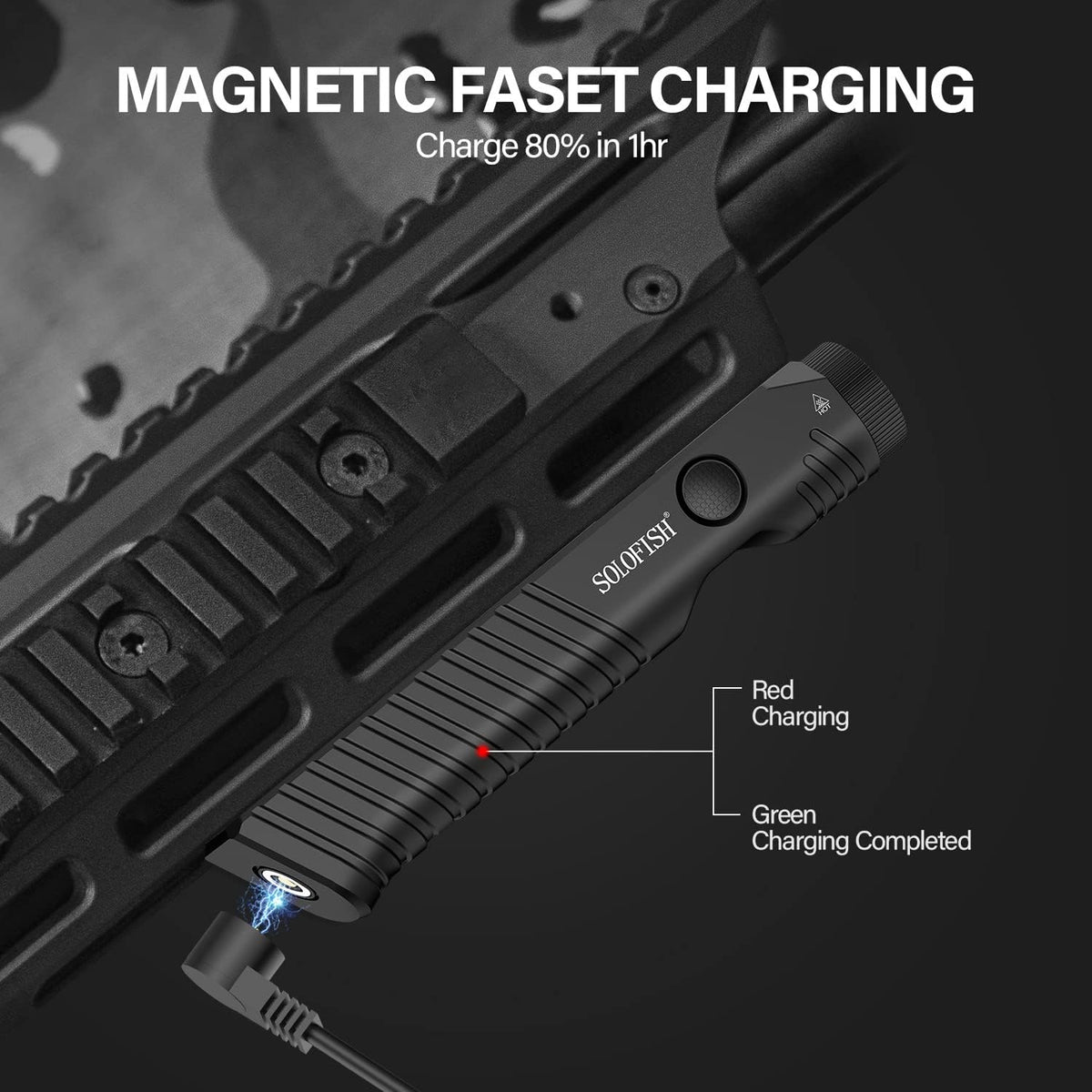 Solofish Tactical Flashlight - 1450 Lumens with Green Laser Sight | Magnetic Rechargeable Mlok Rail Combo