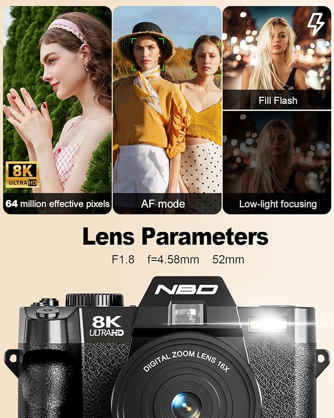 NBD 8K Digital Cameras for Photography, 64MP Camara Fotograficas, Travel