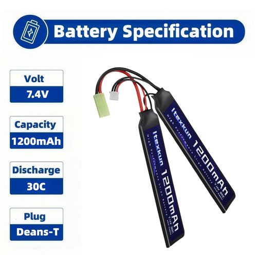 Itexkun Airsoft Battery 7.4V 1200mAh Lipo Battery 2S Small Tamiya Plug Rechargeable 30C High Discharge Rate with Charger for Airsoft Model Guns