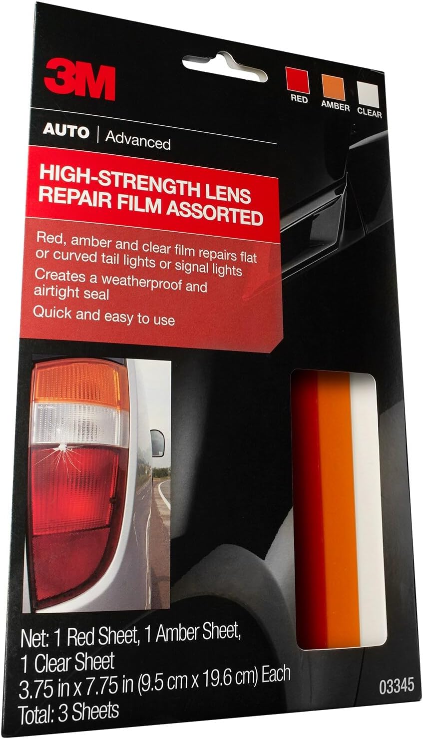 3M Auto High-Strength Lens Repair Film, 3.5 in x 7.75 in, Assorted Sheets: Red / Amber / Clear, Weatherproof & Airtight Seal, Flexible Film Repairs Flat or Curved Lenses on Truck & Car Lights (03345)