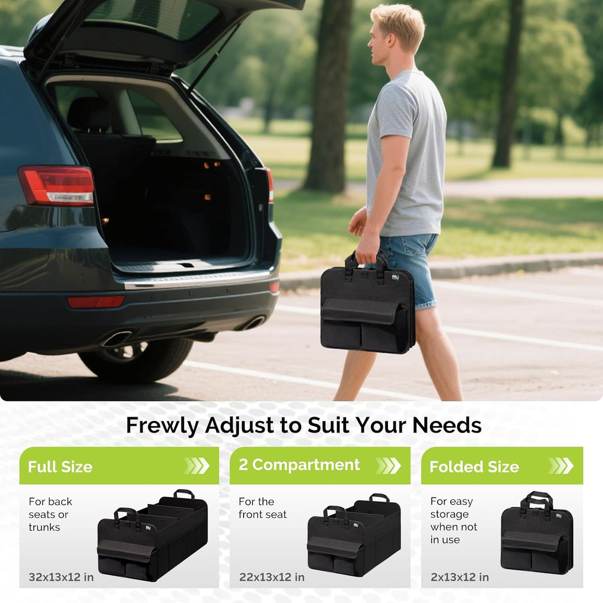 MIU COLOR Trunk Organizer for SUV, Collapsible Car Organizer with 12 Pockets, Non-Slip Bottom, Storage Organizer for Sedan, Van, Jeep, Grocery, Car Accessories, Large 3 Compartments, Black,32"×13"×12"