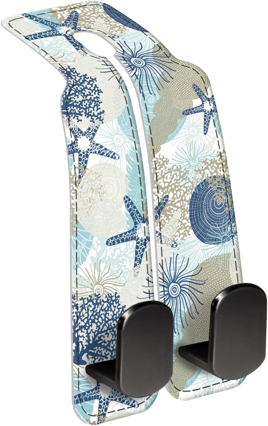 Car Seat Back Storage Headrest Hook, Premium Leather Double Metal Hook, Hanger Storage Organizer for Purse Cloth Bag, Car Interior Accessories Funny Colorful Seastar