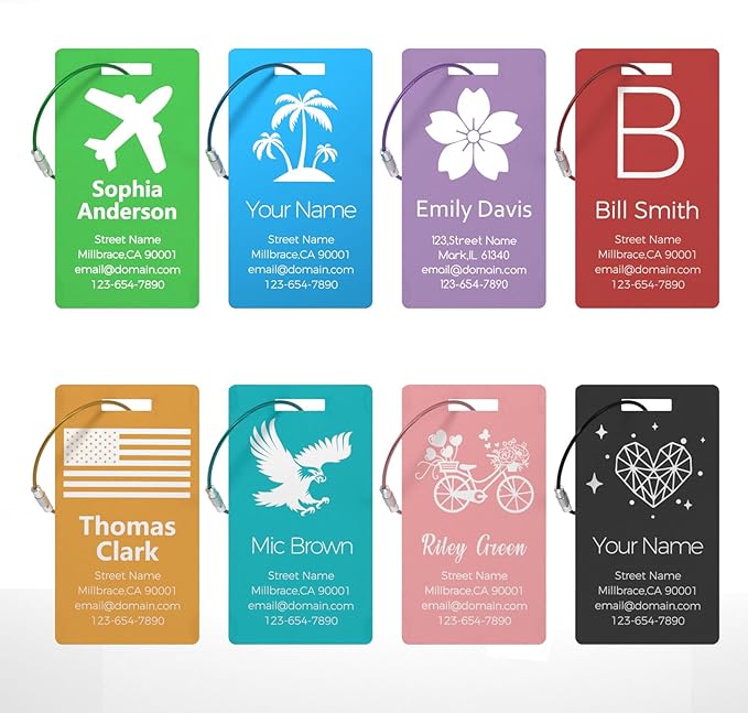4 Personalized Metal Luggage Tags for Suitcase, Laser Engraved with Text and Logo, Custom Aluminum Name Tags with Stainless Steel Ring, for Travel, Golf Bag, and Baggage (Red)
