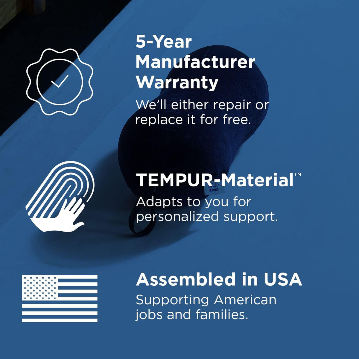 Tempur-Pedic All-Purpose Memory Foam Travel Pillow, Peanut-Shaped Lumbar Pillow for Neck and Back Pressure Relief, Navy