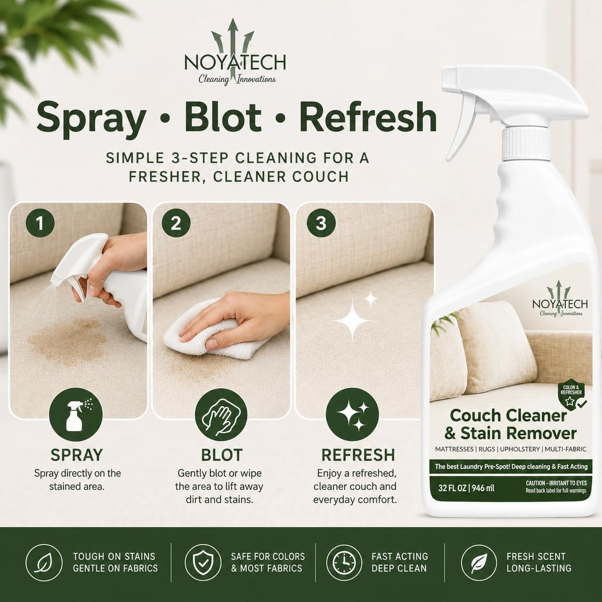 NOYATECH Couch Cleaner and Stain Remover Spray - Professional Strength Non-Toxic Multi-Surface Fabric and Upholstery Cleaner for Couches, Sofas, Sectionals, Microfiber & Car Interiors, 32 oz