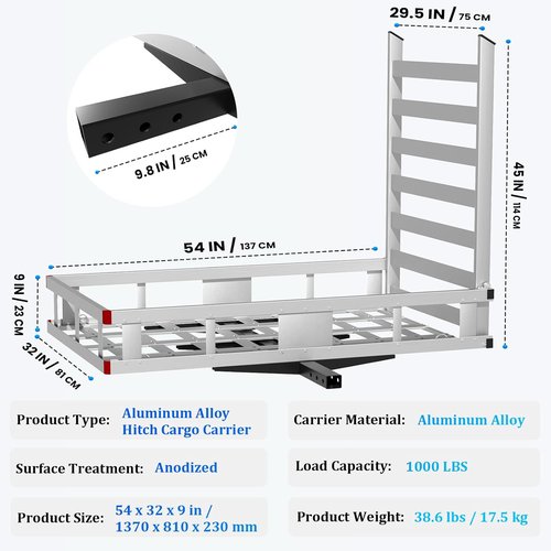 Aluminum Trailer Hitch Cargo Carrier - 1000LBS Capacity | Folding Ramp for Mobility Scooters, 54"x32"x9"