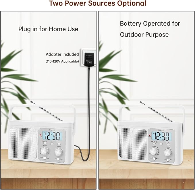 DreamSky AM FM Radio Portable - Shortwave Radio Battery Powered or Plug in Wall for Home Outdoor, Strong Reception, Large Dial Easy to Use, Digital Time Display, Transistor Antenna, Seniors Small Gift