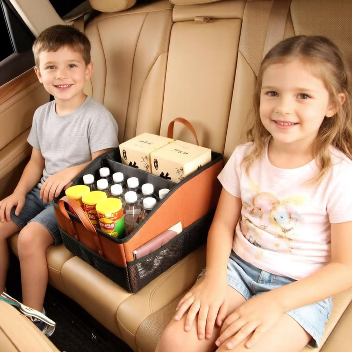 Collapsible Car Seat Organizer with 9 Compartments, Brown | Dividable Partitions, Mesh Pockets, Folds Flat Front/Back Seat & Floor Storage for SUV/Truck Travel