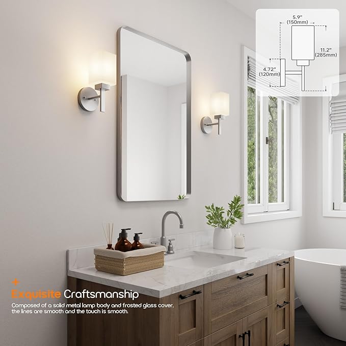 Bathroom Light Fixture Brushed Nickel Vanity Lighting with White Frosted Glass Shade, Wall Lamp for Mirror Kitchen Bedroom Living Room Porch T002BR-L1