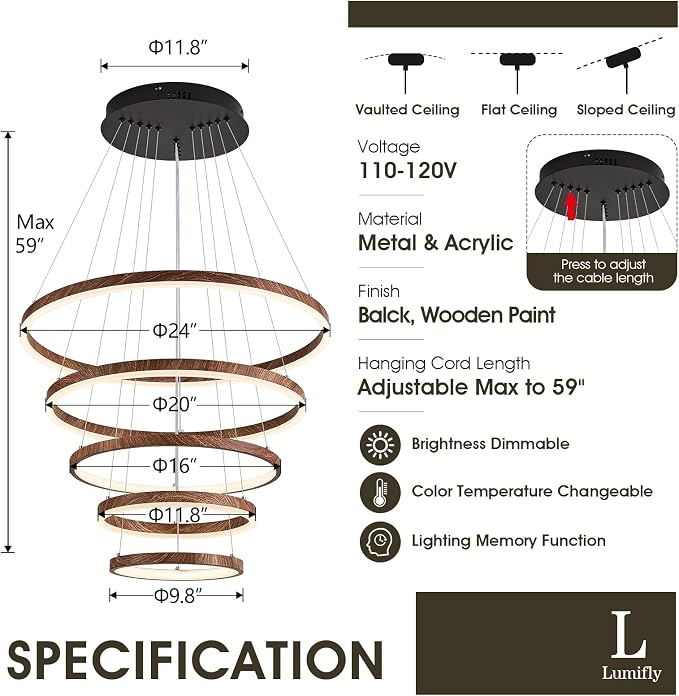 Modern LED Ring Chandelier 5-Light Chandelier Wood Grain Dimmable Round Foyer