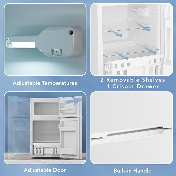Electactic 3.1 Cu.Ft Mini Fridge with Freezer for Bedroom Office, White | 2 Reversible Door, Removable Glass Shelves, Adjustable Thermostat, Energy Efficient Compact Small Refrigerator for Dorm