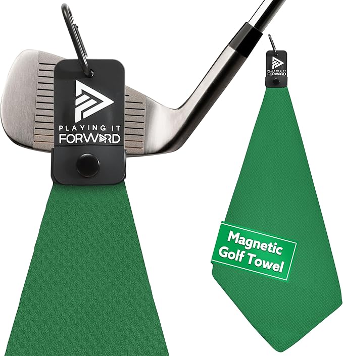 Magnetic Golf Towels for Golf Bags with Clip & Ultra Strong Magnet - Waffle Weave Microfiber Towel for Secure Hold on Bags & Carts - Ideal Club Cleaner & Accessories - Green