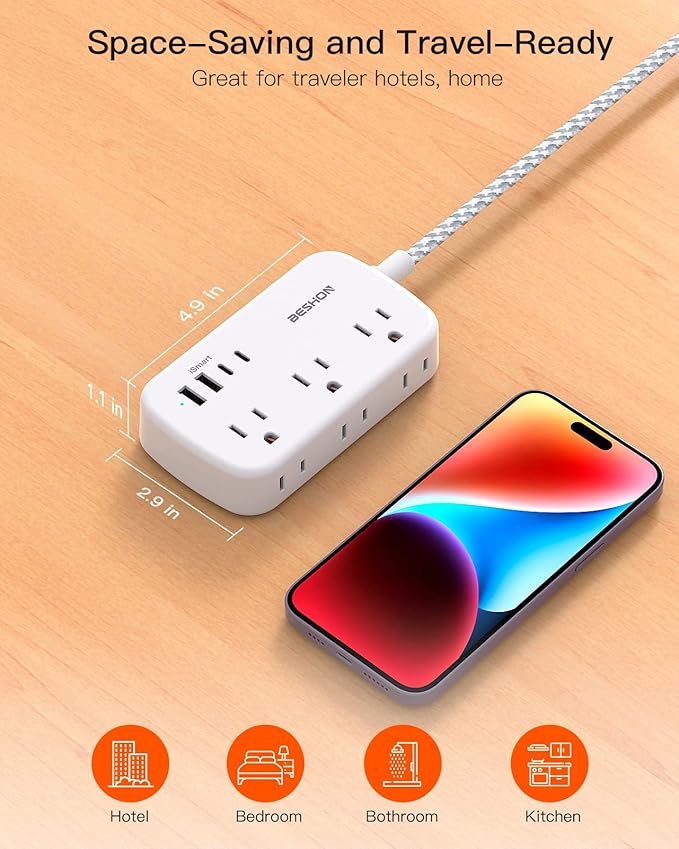 10FT Flat Plug Power Strip with USB C, BESHON Ultra Thin Flat Plug Extension Cord - 6 Outlets with 4 USB Ports(2 USB C), Power Strip for Dorm Room Travel Essentials