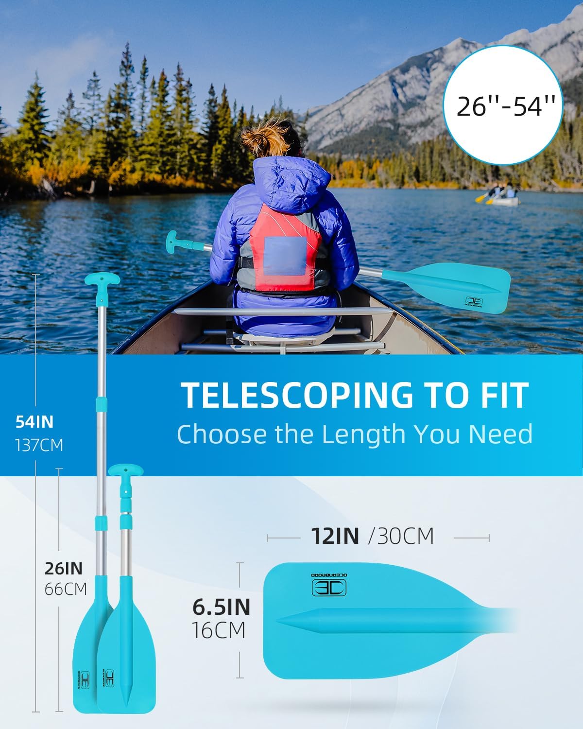 OCEANBROAD Telescoping Emergency Paddle - Adjustable 21''-42'' or 26''-54'' Aluminum Shaft for Kayaking & Canoeing