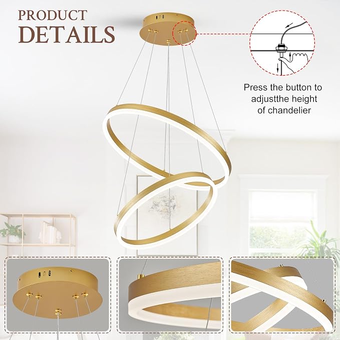 Modern LED Chandelier Gold 2-Rings Pendant Light Circular Flush Mount Ceiling
