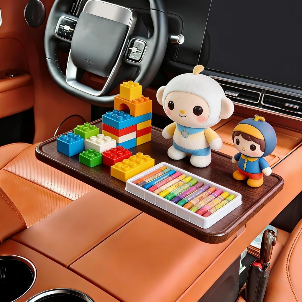 Car Desk for Laptop,360° Rotating Cup Holder Table，Wood Car Tray, Car Table & Car Food Tray，Steering Wheel Tray， Car Accessories for Women & Men. Compatible with Tesla Model Y/3/S, Ford F150& Most