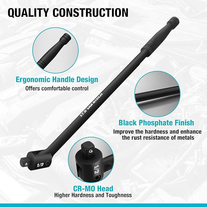 DURATECH Breaker Bar, 1/2'' Drive 17.5-Inch Breaker Bars Heavy Duty, with 240° Flex Head, Spring-loaded Detent Ball, CR-MO Head, Premium Black Phosphate Finish