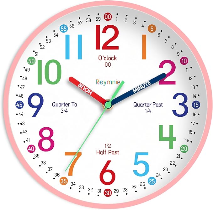 Roymnie Wall Clock 8 Inch for Kids Learning to Tell Time Easily Non Ticking