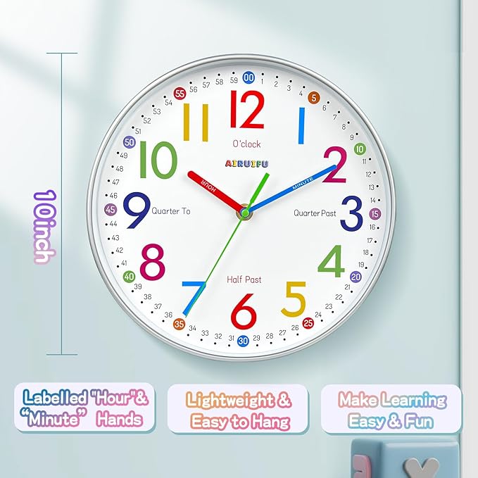 Wall Clock for Kids Learning Tell Time Easily Non-Ticking Battery Operated Kids