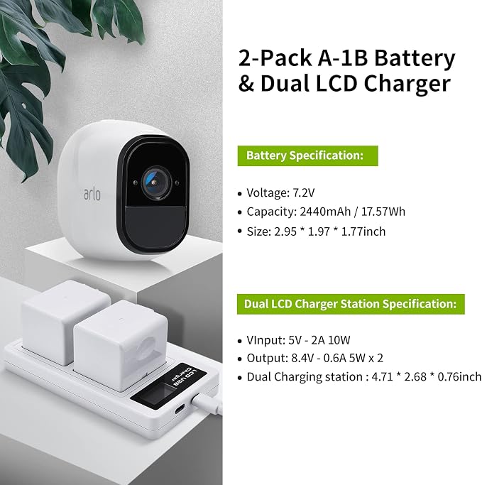 2- Pack Batteries and Charger for arlo Pro, Pro 2 Camera, 2440mAh Rechargeable