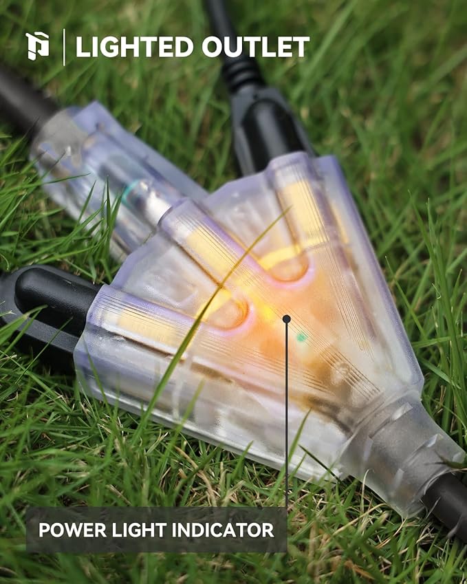 PLUGTUL 3FT GFCI Extension Cord with 3-Outlet, Auto Reset, 12/3 Outdoor Extension Cord with Lighted End, SJTW, ETL Listed, Black