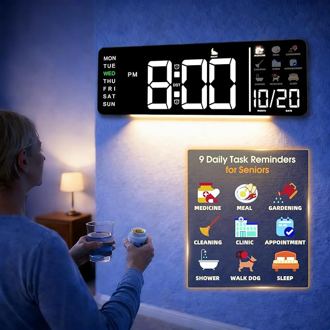 Hoifen Clock with Day and Date for Seniors, Remote Control, Night Light