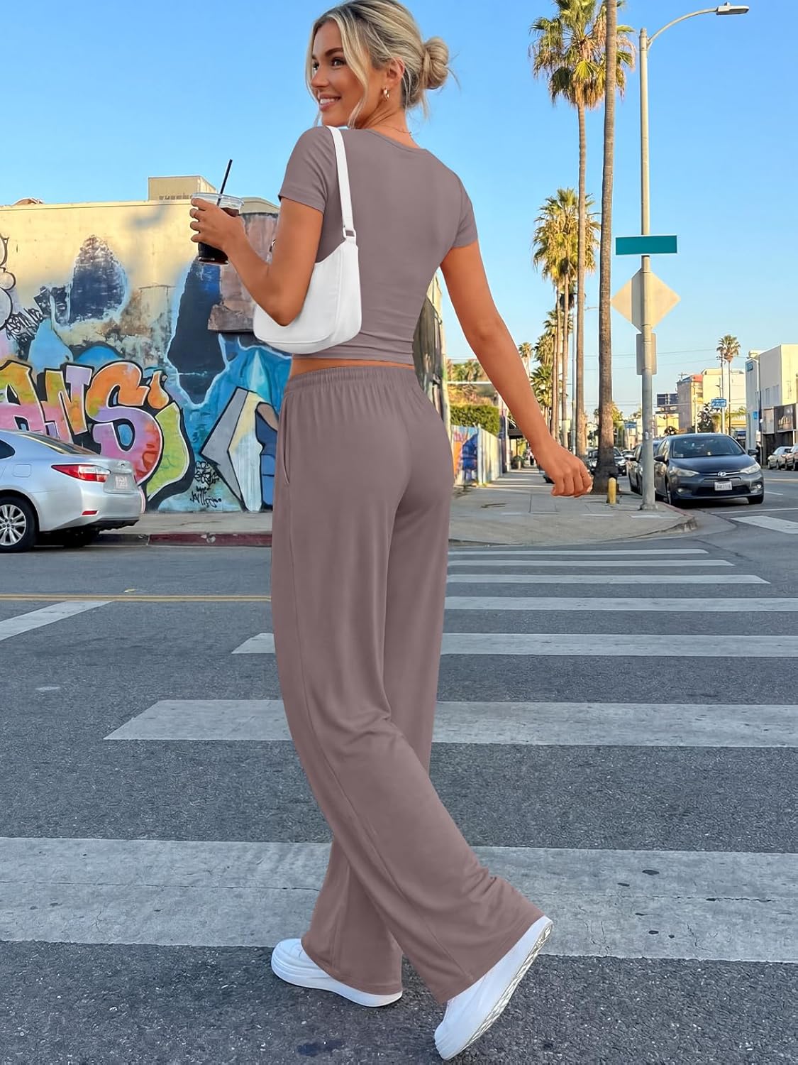 Trendy Queen 2 Piece Summer Sweatsuit | Women's Side Ruching Top & Wide Leg Pants Set with Pockets