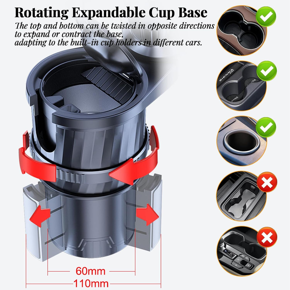 4-in-1 Car Cup Holder with Ash Tray - Adjustable Width, Rotating Base & Lock, Fits 6-10cm Car Slots, Holds Drinks, Fast Food, Bubble Tea (ABS & Zinc Steel),Extra,Expander,2 Cup Carrier car