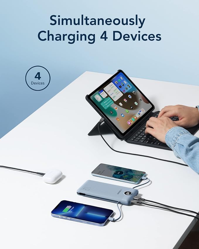 VEGER Portable Charger with Built-in AC Plug and Cables, All in One 10000mAh Ultra Slim Power Bank Travel Essentials, Fast Charging Battery Pack Compatible with iPhone, Samsung, Android (Blue)