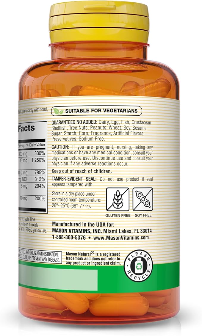 MASON NATURAL Vitamin B-Complex with Vitamin C - Healthy Heart and Nervous System, Improves Immune Function and Energy Metabolism, 100 Capsules