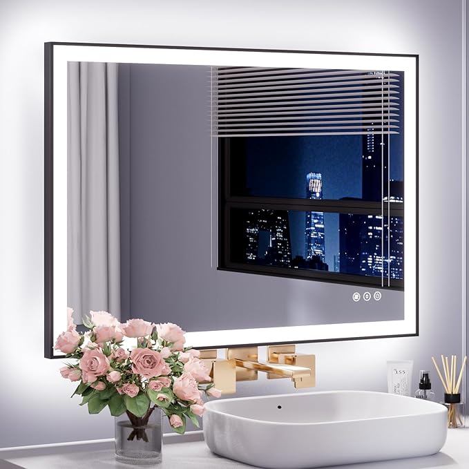 WTTY 40"X32" LED Bathroom Mirror with Black Frame, Bathroom Vanity Mirror with Lights for Wall, Front Light and Backlit, Anti-Fog, Dimmable, 3 Colors, Shatterproof, Memory, Horizontal/Vertical